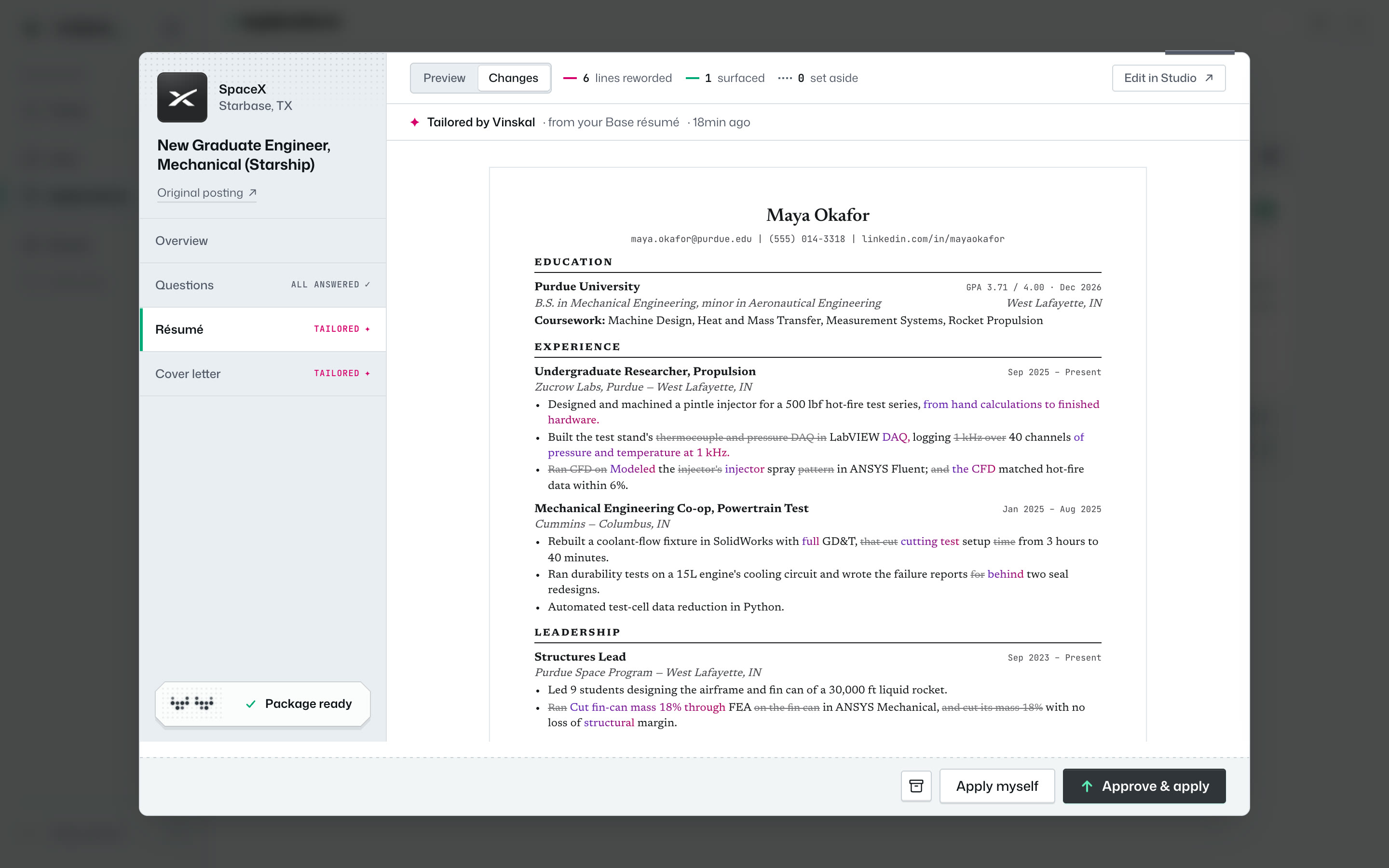 A tailored resume, Vinskal's words marked